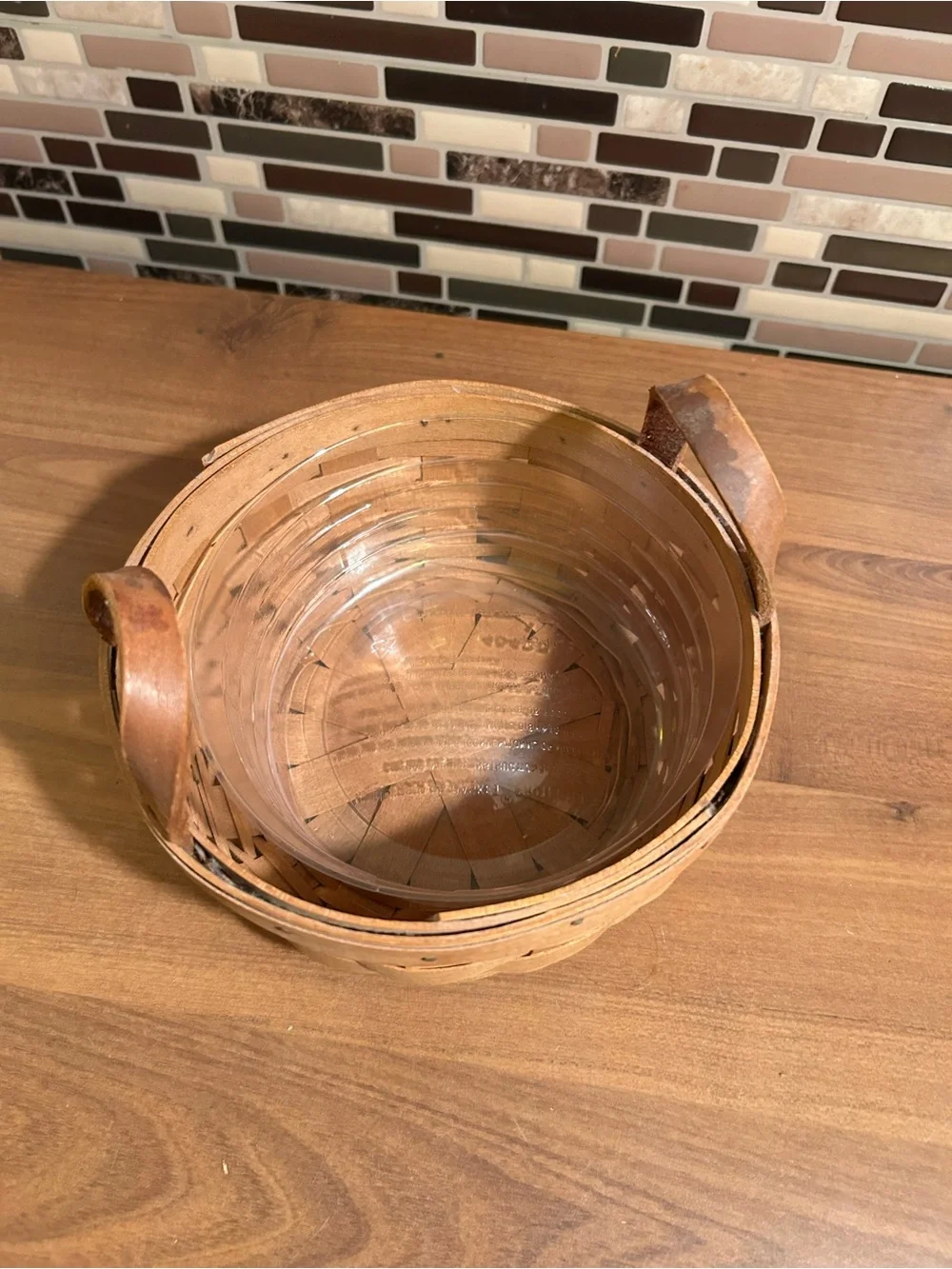 Vintage Round Longaberger Rustic Brown Woven Wood Basket with Handles